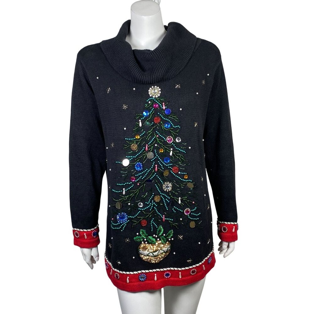 Vintage B.P. Design Christmas Tree Sweater Womens M Beaded Sequins Cowl Neck